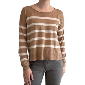 Faherty Sweater Knit Striped Cotton Linen Brown Minimalist Size Extra Small